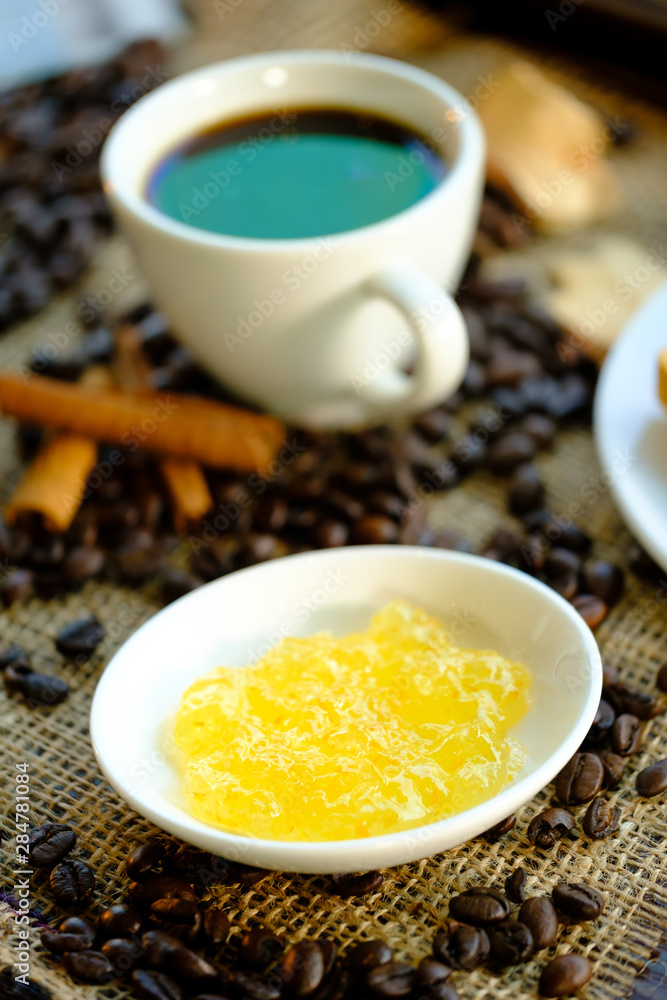 Pineapple jam on dish with coffee. Pineapple jam on dish with coffee.