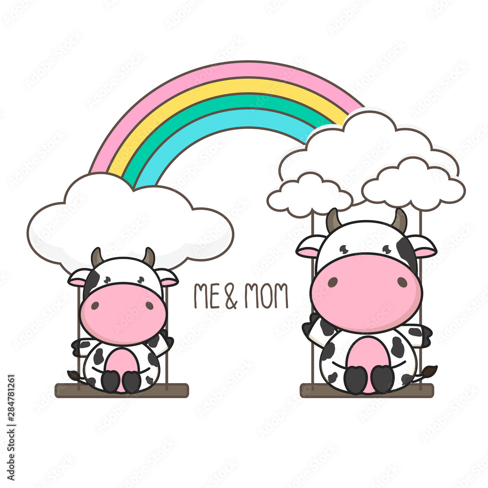 Obraz premium Cow and baby swing on a rainbow. Mother's day card vector illustration. 