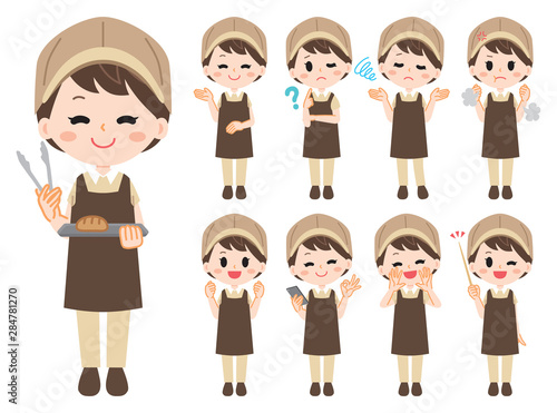 Illustration set of woman working in bakery