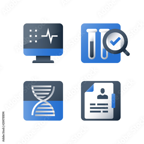 Sample test result, medical laboratory analysis, magnifying glass and lab tubes, chemistry research, pharmacology concept