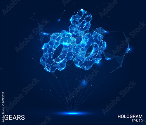 A hologram of gear. Gears of polygons, triangles of points and lines. The low gear connection structure. Technology concept.
