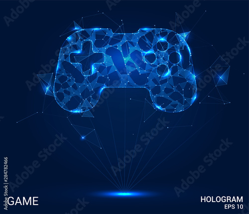 Hologram game. The controller of polygons, triangles, dots and lines. Joystick is a low poly connection structure. Technology concept.