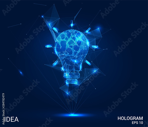 Hologram idea. A light bulb made of polygons, triangles of points and lines. The idea is a low poly connection structure. Technology concept.