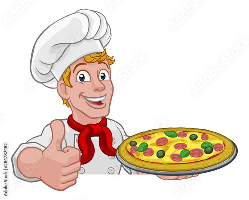 A chef holding a plate of pizza peeking over a sign and giving a thumbs up cartoon