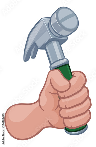 A handyman or carpenters cartoon hand in a fist holding a hammer