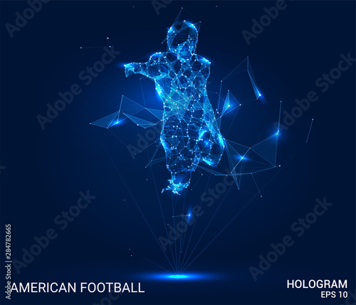 Hologram of American football. Football player from polygons, triangles of points and lines. American football is a low poly compound structure. Technology concept.