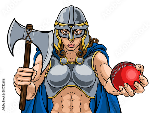A female Viking, Trojan Spartan or Celtic warrior woman gladiator knight cricket sports mascot