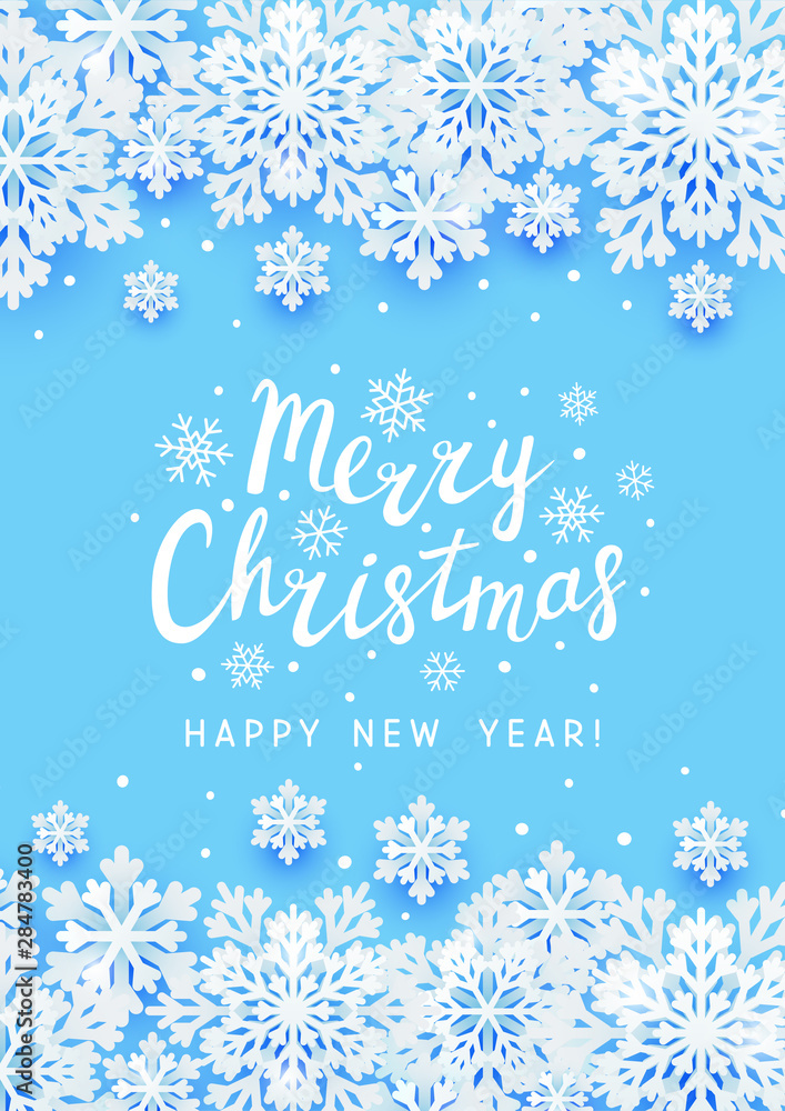 Christmas greeting card with paper snowflakes on blue background for Your holiday design