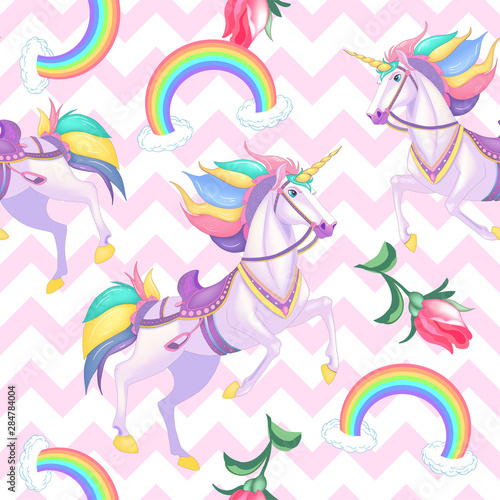 Cute white unicorns with rainbow hair on light pink seamless vector pattern background illustration