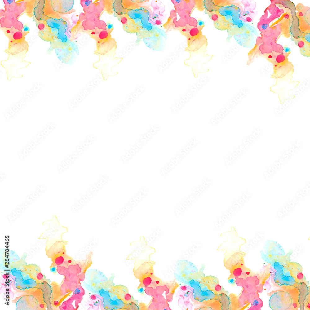Bright frame of abstract watercolor spots. For artistic design of images, photos. It's hand painted. Print for edge decoration. Edging of abstract watercolor spots for your design.