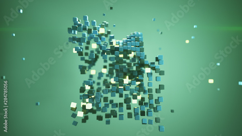 Displaced green cubes abstract 3D render illustration