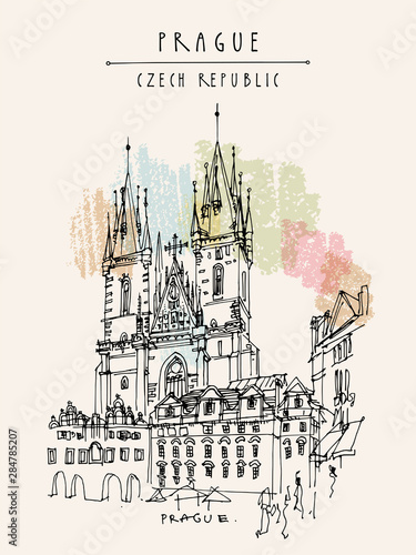 Prague, Czech Republic, Europe. The Tyn Church (Church of Our Lady before Tyn), dominant feature of the Old Town of Prague, Czech Republic. Travel sketch. Hand drawn vintage touristic postcard. Vector
