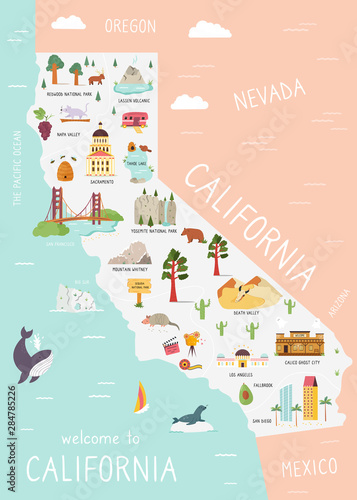 An Illustrated map of California with destinations