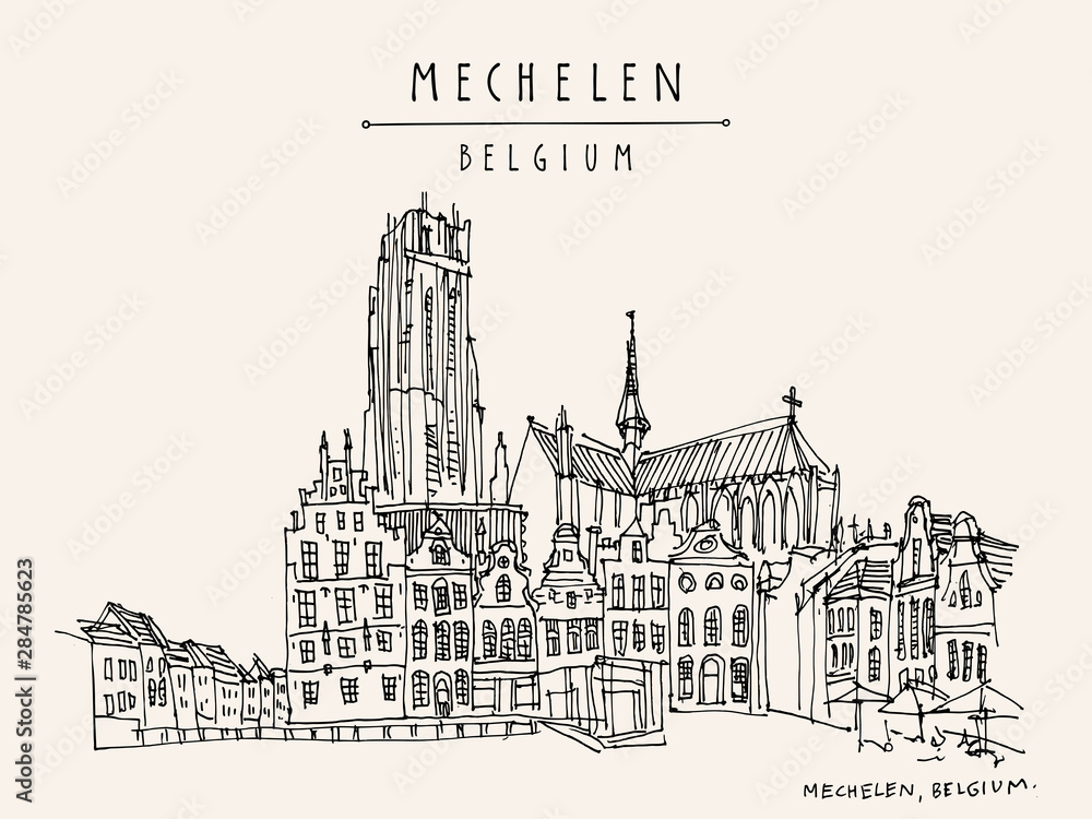 Mechelen, Belgium, Europe.  St. Rumbold's Cathedral on Grote Markt. Hand drawn travel postcard. Travel sketch. Hand drawing of Mechelen. Vintage hand drawn Belgium postcard. Vector illustration