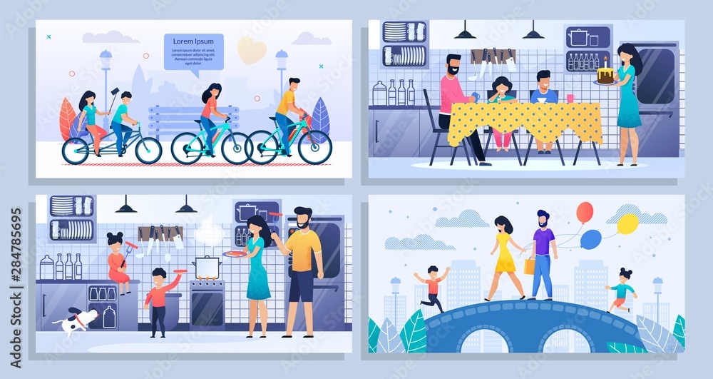 Obraz premium Happy Family Daily Routine Flat Banner Mockup Set