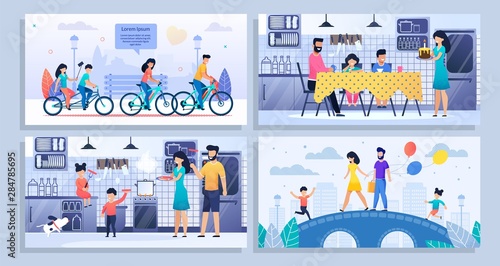 Happy Family Daily Routine Flat Banner Mockup Set