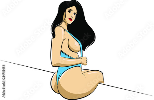Vector illustration of a beautiful girl sitting in a sexy pose wearing bikini.