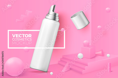 Vector 3d realistic corner wall abstract scene with podium and mousse bottle with cap, pink and white balls. With place for your text.