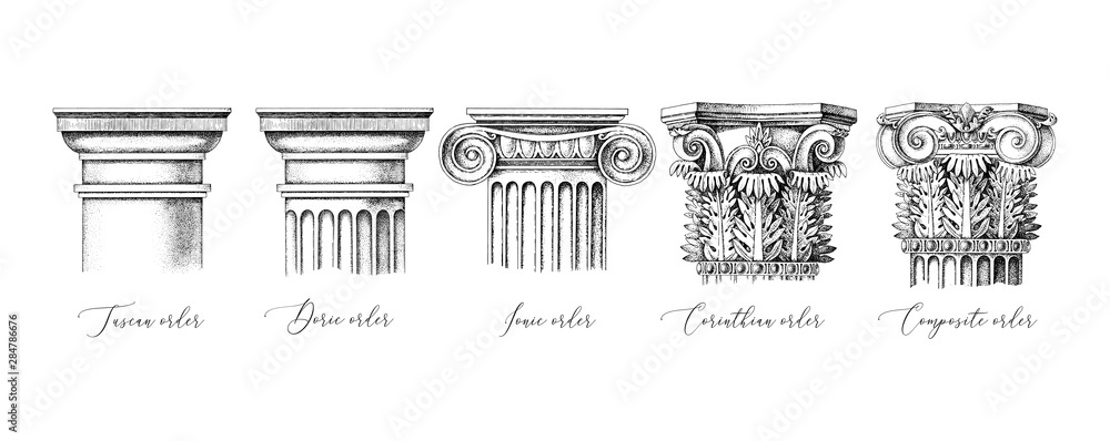 Fototapeta premium Architectural orders. 5 types of classical capitals - tuscan, doric, ionic, corinthian and composite