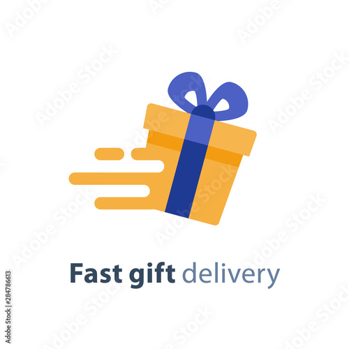 Gift box in motion icon, fast gift delivery service, present quick solution, vector illustration