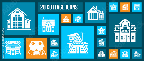 House home cottage exterior white icons vector set