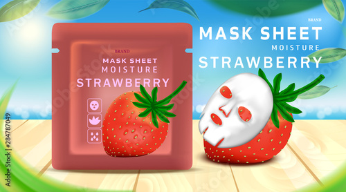 Luxury cosmetic package, collagen Mask sheet for skin, Beauty cosmetic product poster, with strawberry and wooden floor on beach background