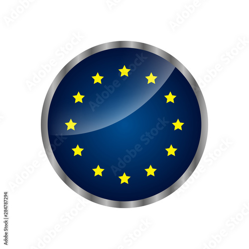 European Union flag round icon or badge or button in trendy realistic style. EU circle symbol. Vector illustration.
