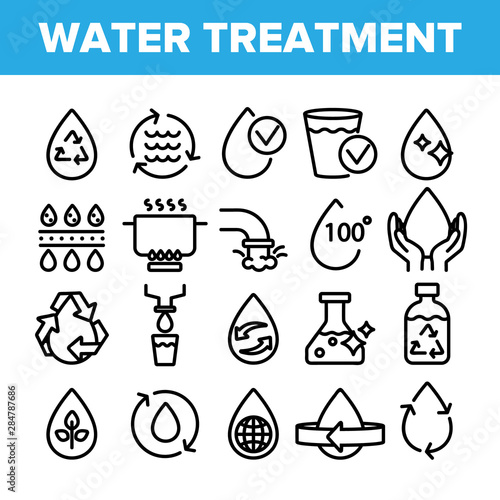 Collection Water Treatment Signs Icons Set Vector Thin Line. Water Healthy Drop With Mark Of Purity And Recycle, World And Plant Linear Pictograms. Monochrome Contour Illustrations