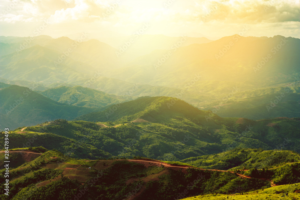 green mountain scenery and a plantation area along the hillside,  sunset light of summer rolling hills in rural scenery.