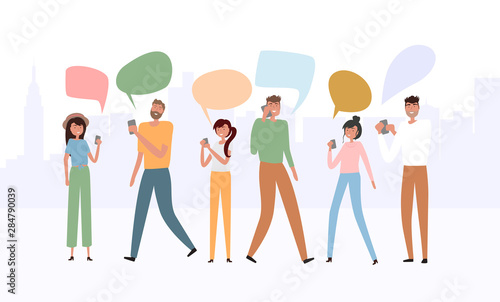 Group of Man and Woman with Mobile Phones. Flat people talking on a smartphone with a speech bubble. Social Networking Concept. Editable vector illustration