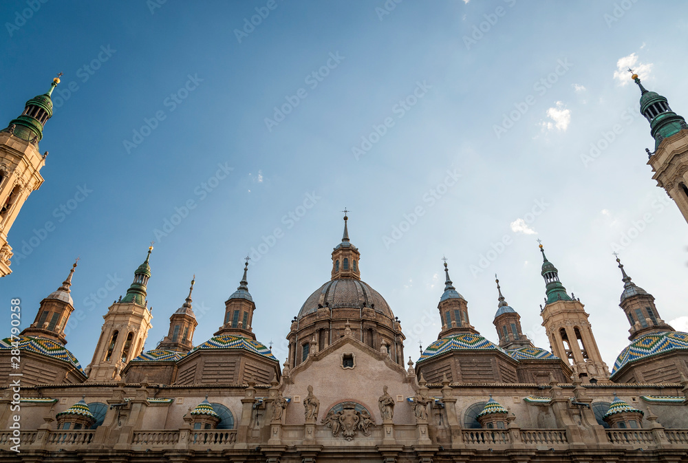 Panoramic view of the exterior of the Cathedral of El Pilar, in Zaragoza (Spain), at sunrise.