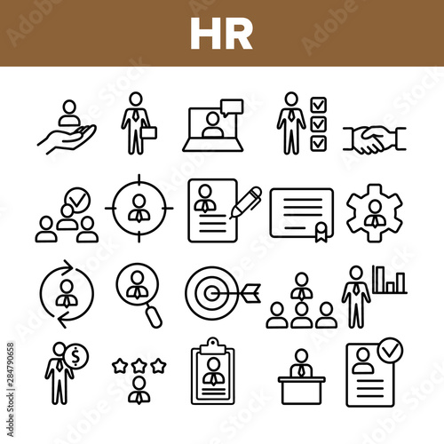 Collection HR Human Resources Icons Set Vector Thin Line. Profile And Target With Arrow, Handshake, Character Businessman And Video Conference HR Linear Pictograms. Monochrome Contour Illustrations