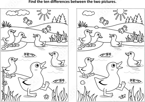 Find the ten differences picture puzzle and coloring page with little playful ducklings on the pond