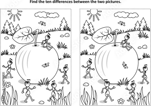 Find the ten differences picture puzzle and coloring page with ripe apple lying on the ground and five busy ants planning what to do with it
