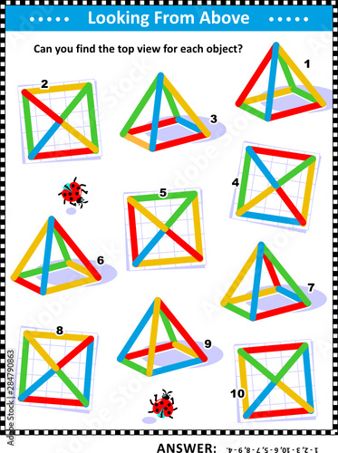 IQ and spatial skills training educational math puzzle: Find the top view for every object. Answer included.