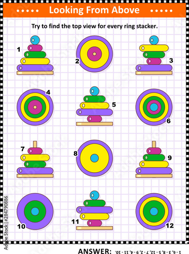 Math visual puzzle or picture riddle with colorful wooden ring stacking toys: Try to find the top view for every ring stacker. Answer included.