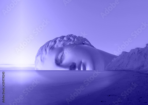 Surreal modern conceptual art poster with ancient statue face and sky. Collage of contemporary art. photo