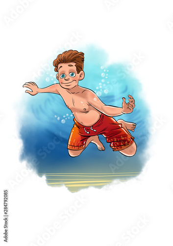 boy floating under water