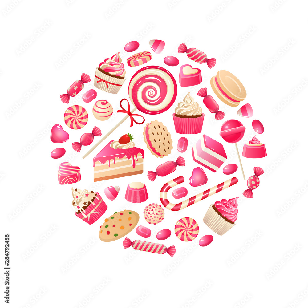 Sweet candy. Chocolate bars, lollipop bonbon and marmalade candied fruit, caramel candies kids desserts. Flat vector colorful design Sweet candy. Chocolate bars, lollipop bonbon and marmalade candied fruit, caramel candies kids desserts. Flat vector colorful design