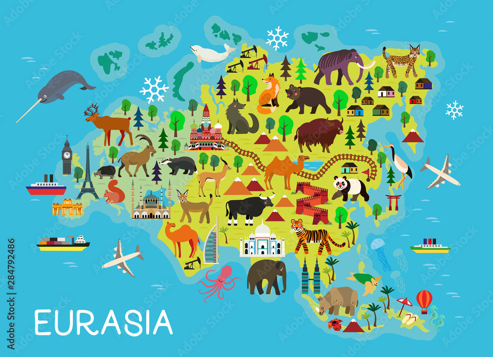 Fototapeta Cartoon animal map. Eurasia for Children and Kids. Vector Illustration.