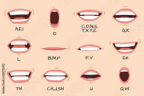 Mouth sync. Talking mouths lips for cartoon character animation and english pronunciation signs. Vector set photo