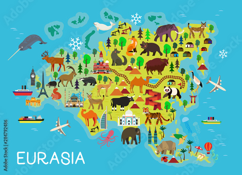Fototapeta Naklejka Na Ścianę i Meble -  Cartoon animal map. Eurasia for Children and Kids. Vector Illustration.