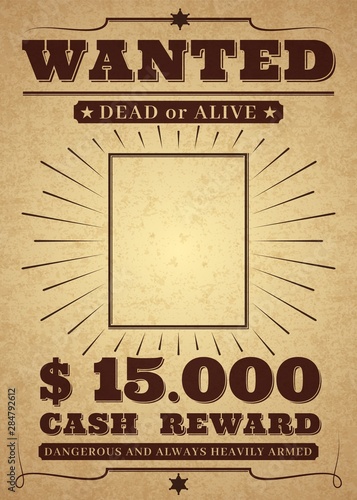 Western poster. Old west paper blank reward with stars and messages, isolated vintage wanted vector photo frames template