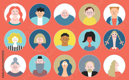 People Avatar Face Collection  icons, set of stylized vector portraits in minimalist style, cartoon characters 