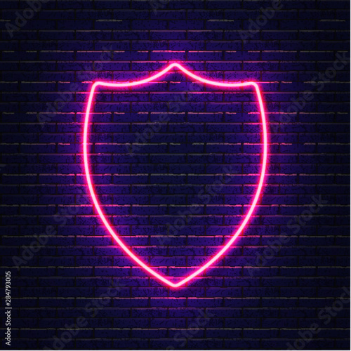 Neon shield. Neon protection shield icon, logo. Vector illustration