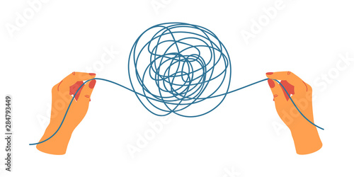 Psychology concept with human hands holding the ends of the threads unravel the tangle.  Psychotherapy practice and counseling solve confusing thoughts. Hand drawn vector illustration.
