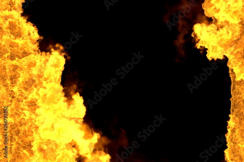 mystical melting fire frame isolated on black - fire lines from sides left and right, top and bottom are empty - fire 3D illustration