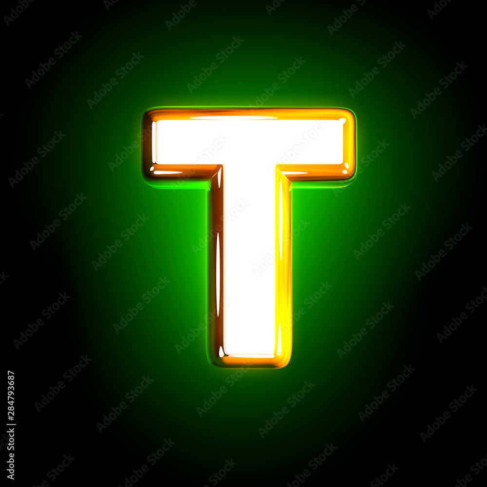 Glowing green letter T of shining alphabet of white and yellow colors isolated on black background - 3D illustration of symbols Glowing green letter T of shining alphabet of white and yellow colors isolated on black background - 3D illustration of symbols