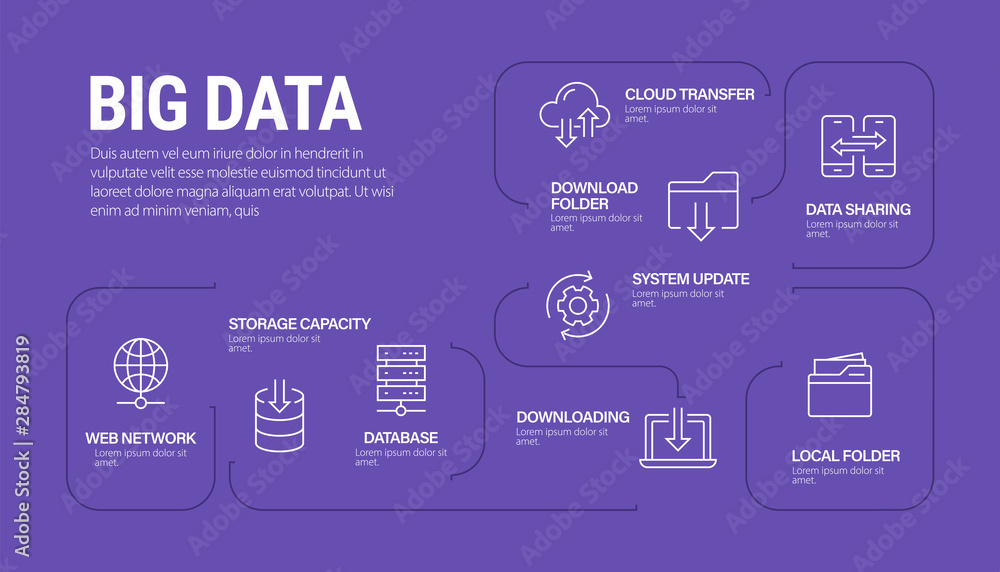 Big Data Vector Concept and Infographic Design Elements in Linear Style stock illustration, nine icons on purple background