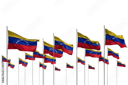 wonderful many Venezuela flags in a row isolated on white with free space for your text - any celebration flag 3d illustration..